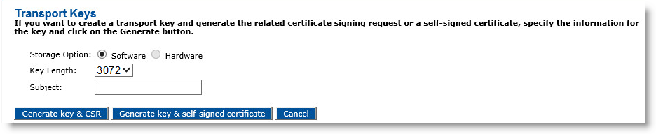 Transport Keys dialog box with various options to set as well as buttons to generate the key and CSR or the key and a self-signed certificate